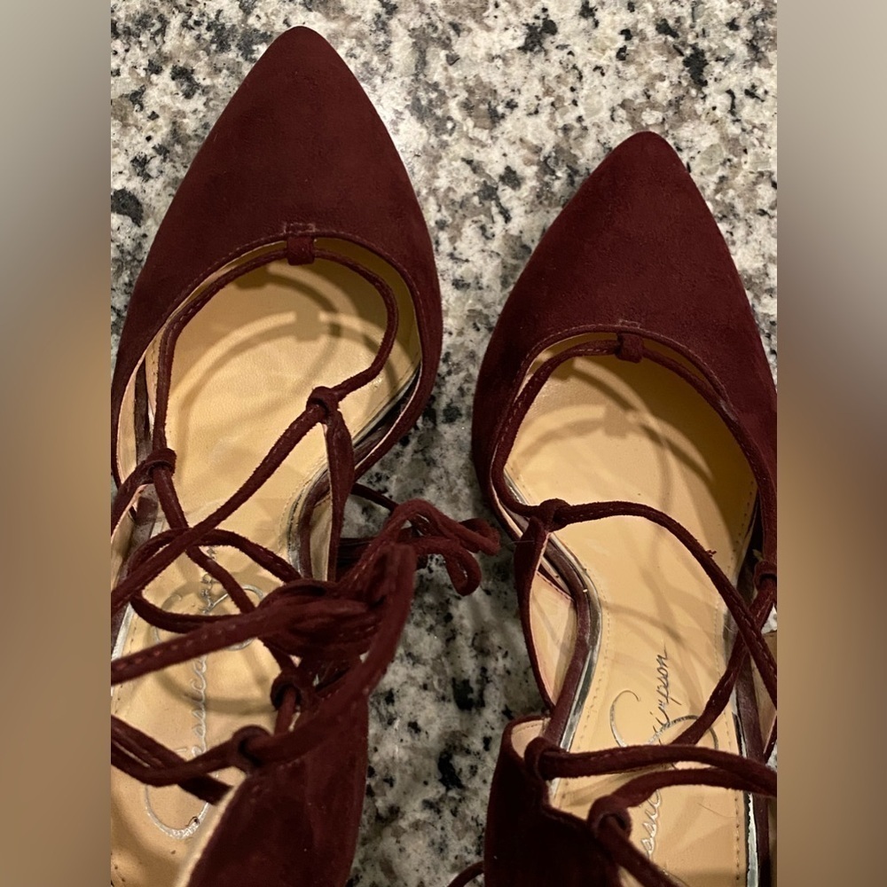 Jessica Simpson Suede Red Wine Burgundy High Heels Tie Up - Picture 4 of 9